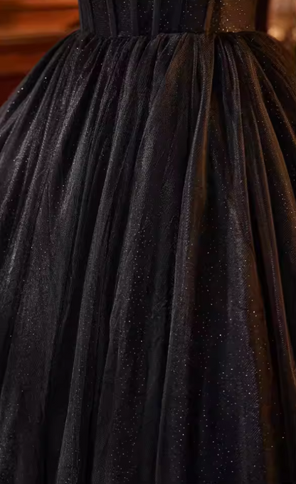 Fantastic A-Line Off-Shoulder Evening Gowns Handmade Flowers Black Tulle Prom Dress AP5687
