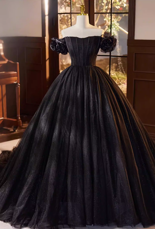Fantastic A-Line Off-Shoulder Evening Gowns Handmade Flowers Black Tulle Prom Dress AP5687