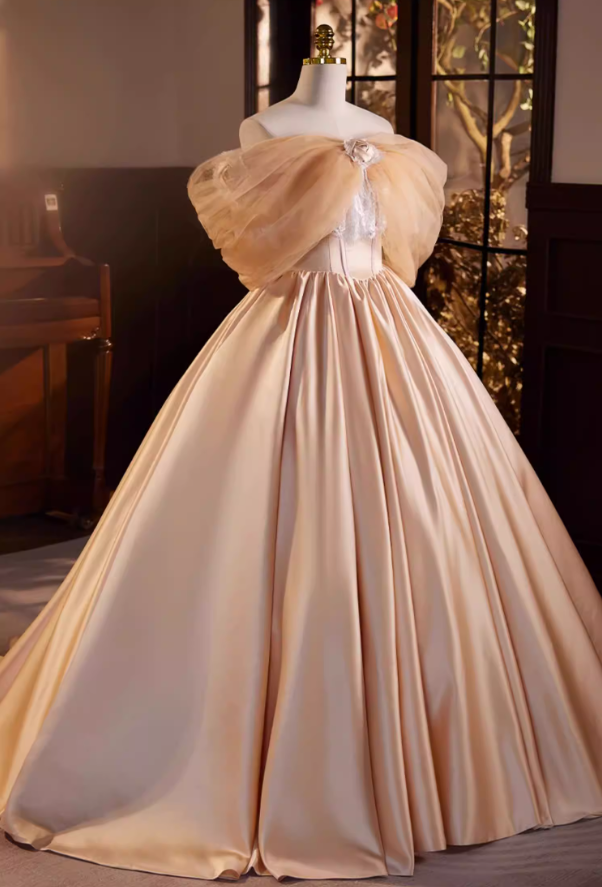 Graceful A-Line Tulle Off-Shoulder 3D Floral Evening Gowns Beading Lace Satin Prom Dress AP5689