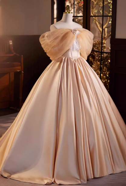 Graceful A-Line Tulle Off-Shoulder 3D Floral Evening Gowns Beading Lace Satin Prom Dress AP5689