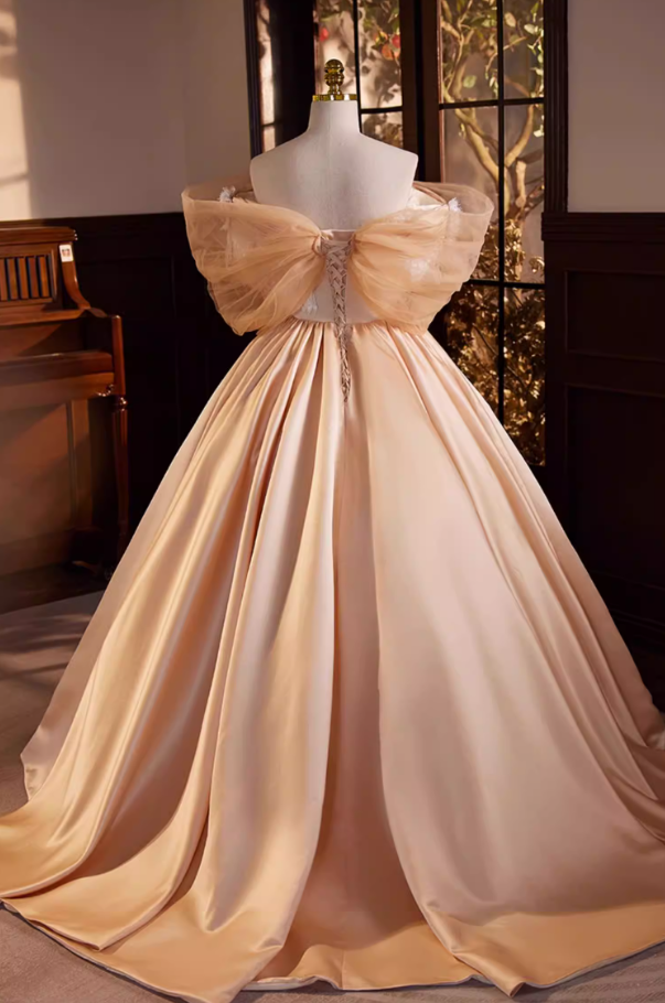 Graceful A-Line Tulle Off-Shoulder 3D Floral Evening Gowns Beading Lace Satin Prom Dress AP5689