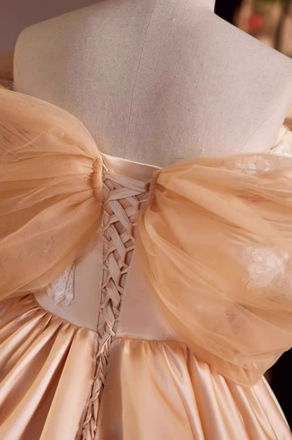 Graceful A-Line Tulle Off-Shoulder 3D Floral Evening Gowns Beading Lace Satin Prom Dress AP5689