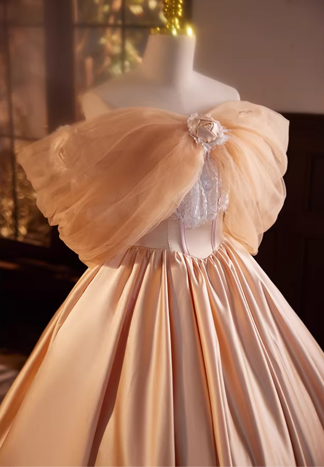 Graceful A-Line Tulle Off-Shoulder 3D Floral Evening Gowns Beading Lace Satin Prom Dress AP5689