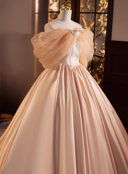 Graceful A-Line Tulle Off-Shoulder 3D Floral Evening Gowns Beading Lace Satin Prom Dress AP5689