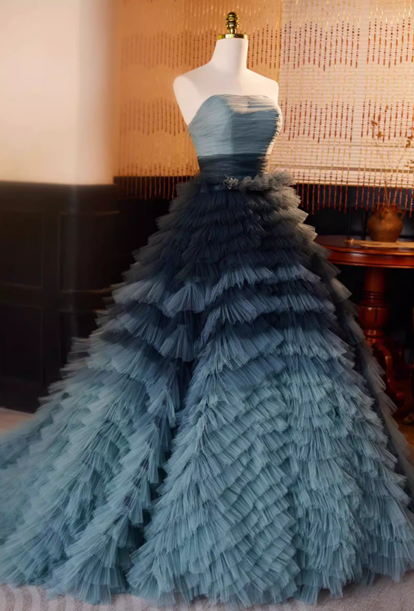 Elegant Strapless A-Line Tiered Sweet 16th Gowns Ruffles Tulle Prom Dress AP5690
