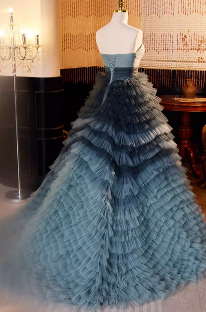 Elegant Strapless A-Line Tiered Sweet 16th Gowns Ruffles Tulle Prom Dress AP5690