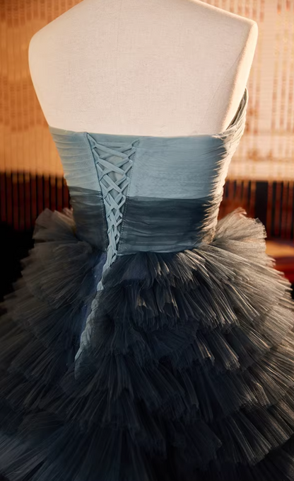 Elegant Strapless A-Line Tiered Sweet 16th Gowns Ruffles Tulle Prom Dress AP5690
