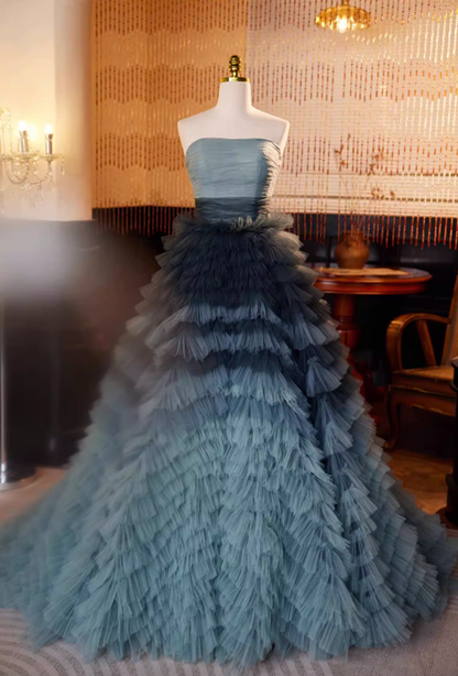 Elegant Strapless A-Line Tiered Sweet 16th Gowns Ruffles Tulle Prom Dress AP5690