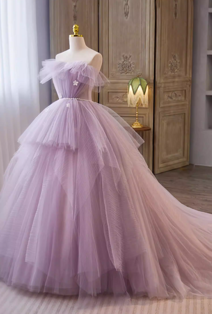 Classical Strapless A-Line Sweet 16th Gowns Appliques Pearls Layered Tulle Prom Dress AP5691