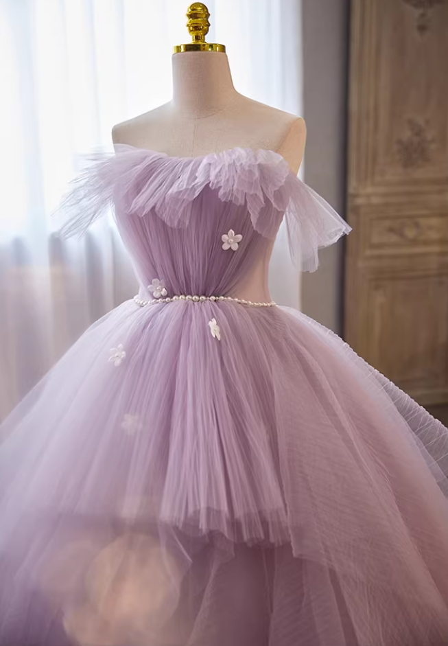 Classical Strapless A-Line Sweet 16th Gowns Appliques Pearls Layered Tulle Prom Dress AP5691