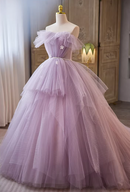 Classical Strapless A-Line Sweet 16th Gowns Appliques Pearls Layered Tulle Prom Dress AP5691