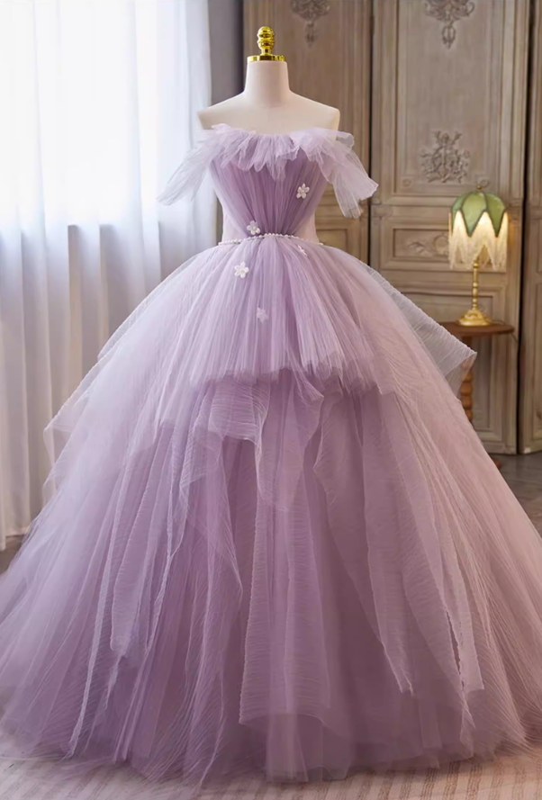 Classical Strapless A-Line Sweet 16th Gowns Appliques Pearls Layered Tulle Prom Dress AP5691