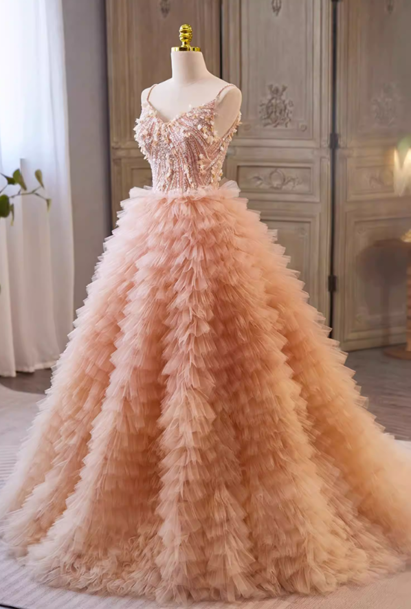 Cute A-Line Spaghetti Strap Tiered Evening Gowns Sequins Appliques Prom Dress AP5692
