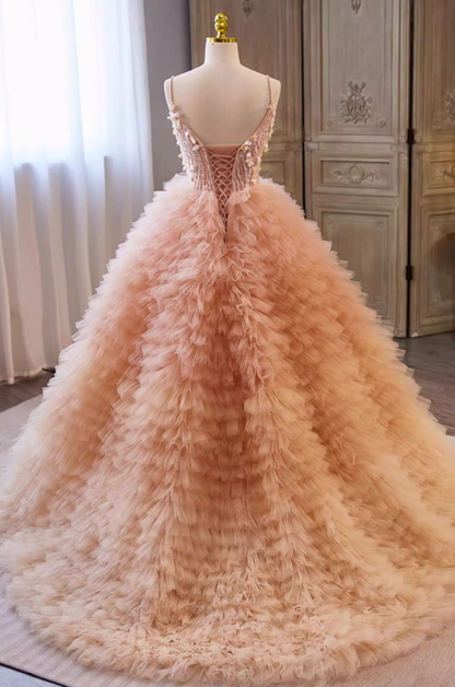 Cute A-Line Spaghetti Strap Tiered Evening Gowns Sequins Appliques Prom Dress AP5692