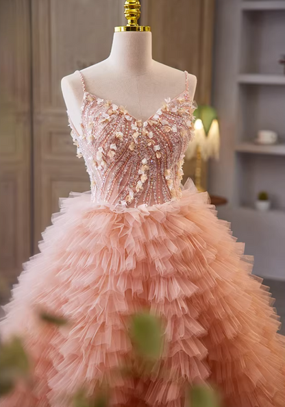 Cute A-Line Spaghetti Strap Tiered Evening Gowns Sequins Appliques Prom Dress AP5692