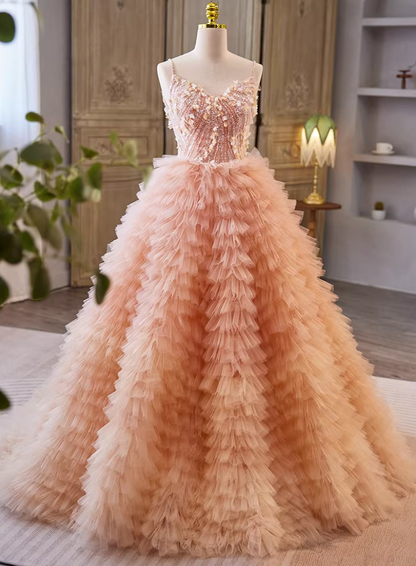 Cute A-Line Spaghetti Strap Tiered Evening Gowns Sequins Appliques Prom Dress AP5692