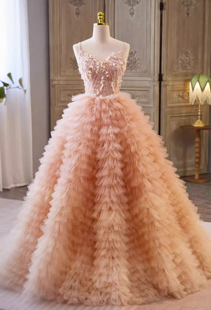 Cute A-Line Spaghetti Strap Tiered Evening Gowns Sequins Appliques Prom Dress AP5692
