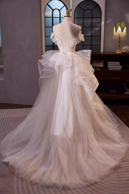 Vintage A-Line Spaghetti Strap Bridal Gowns Ruffles Tulle Lace Beads Wedding Dress AP5693
