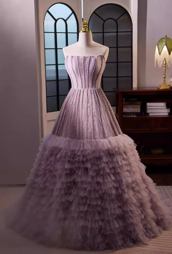Artistic Strapless A-Line Tiered Tulle Sweet 16th Gowns Beading Lace Purple Prom Dress AP5694