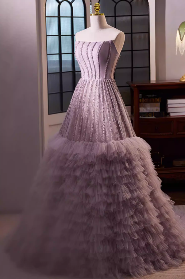 Artistic Strapless A-Line Tiered Tulle Sweet 16th Gowns Beading Lace Purple Prom Dress AP5694