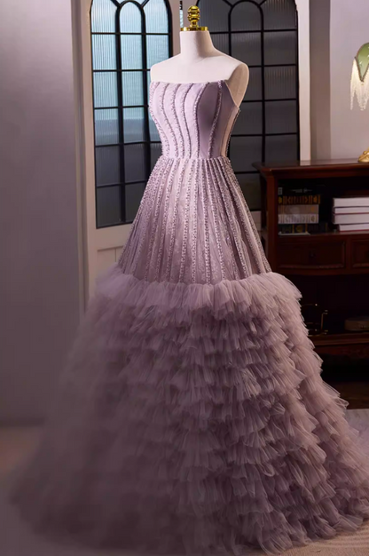 Artistic Strapless A-Line Tiered Tulle Sweet 16th Gowns Beading Lace Purple Prom Dress AP5694