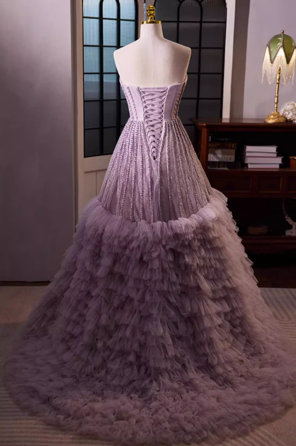 Artistic Strapless A-Line Tiered Tulle Sweet 16th Gowns Beading Lace Purple Prom Dress AP5694