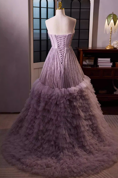 Artistic Strapless A-Line Tiered Tulle Sweet 16th Gowns Beading Lace Purple Prom Dress AP5694