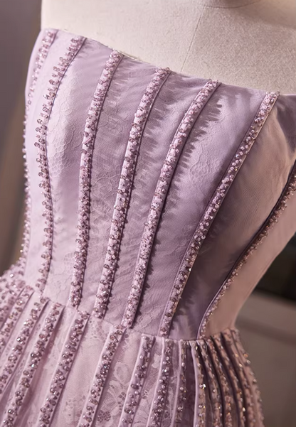 Artistic Strapless A-Line Tiered Tulle Sweet 16th Gowns Beading Lace Purple Prom Dress AP5694
