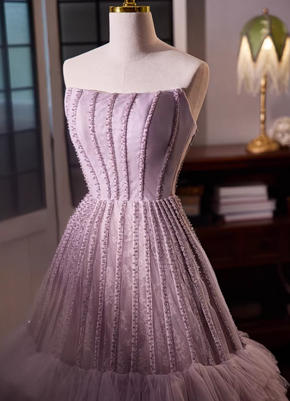 Artistic Strapless A-Line Tiered Tulle Sweet 16th Gowns Beading Lace Purple Prom Dress AP5694