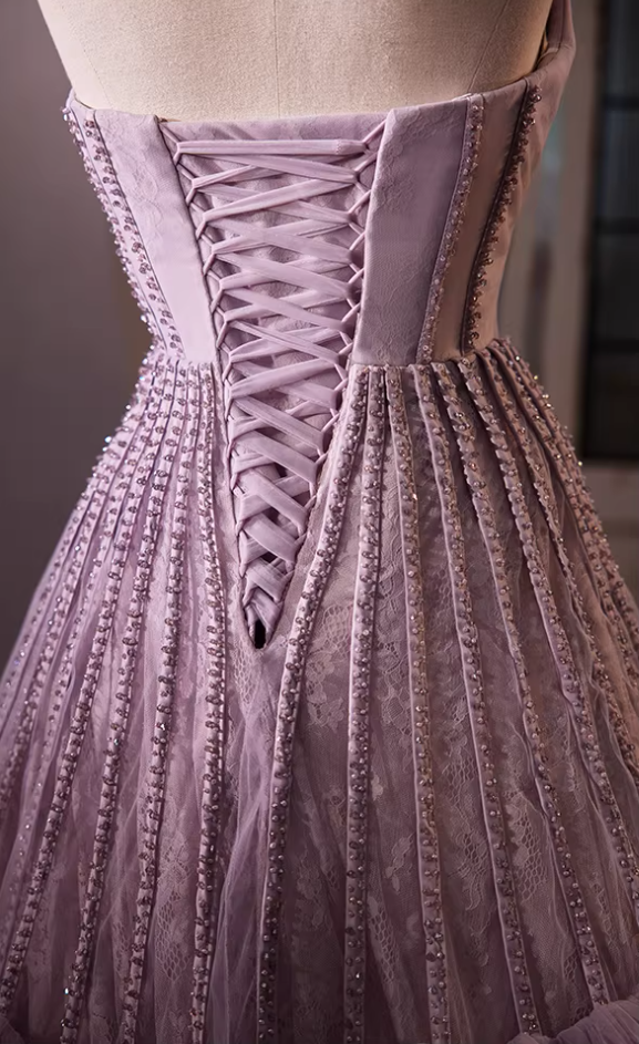 Artistic Strapless A-Line Tiered Tulle Sweet 16th Gowns Beading Lace Purple Prom Dress AP5694
