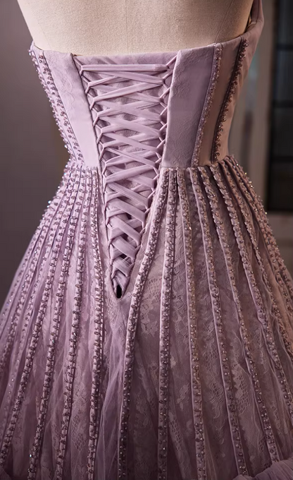 Artistic Strapless A-Line Tiered Tulle Sweet 16th Gowns Beading Lace Purple Prom Dress AP5694