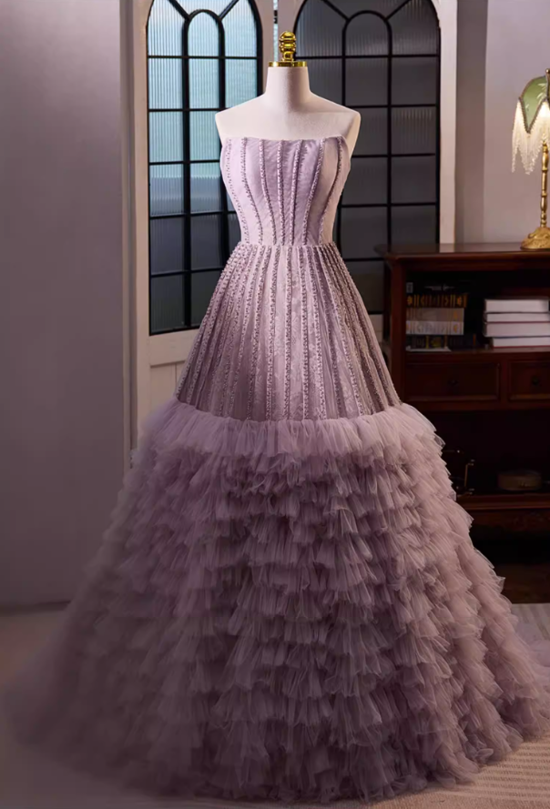 Artistic Strapless A-Line Tiered Tulle Sweet 16th Gowns Beading Lace Purple Prom Dress AP5694