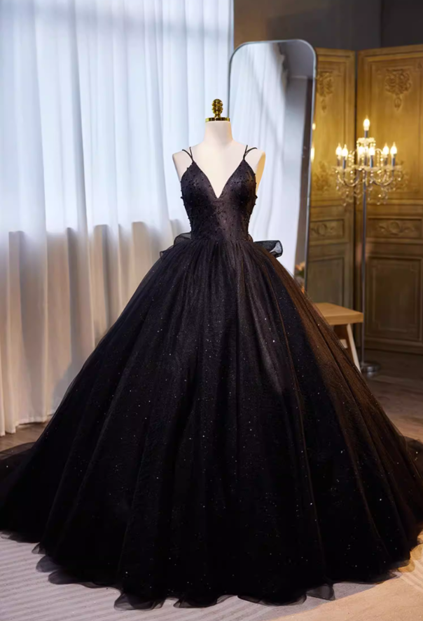 Dreamy A-Line Spaghetti Strap Black Tulle Evening Gowns Beading Sequins Prom Dress AP5695