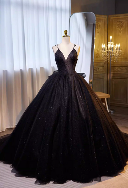 Dreamy A-Line Spaghetti Strap Black Tulle Evening Gowns Beading Sequins Prom Dress AP5695