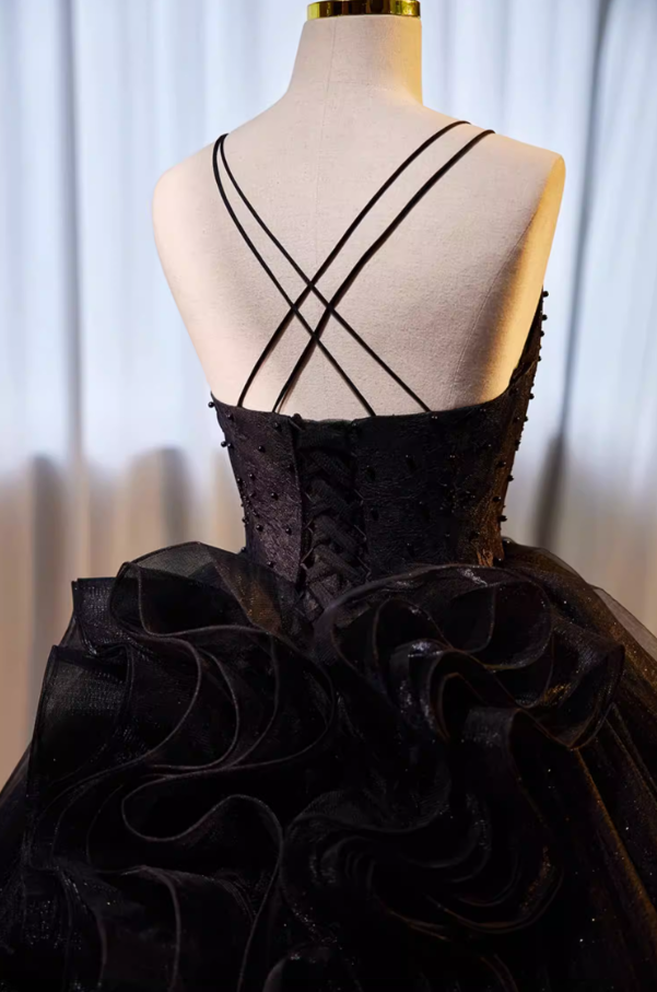 Dreamy A-Line Spaghetti Strap Black Tulle Evening Gowns Beading Sequins Prom Dress AP5695