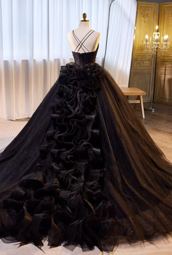 Dreamy A-Line Spaghetti Strap Black Tulle Evening Gowns Beading Sequins Prom Dress AP5695