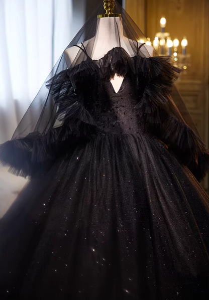 Dreamy A-Line Spaghetti Strap Black Tulle Evening Gowns Beading Sequins Prom Dress AP5695
