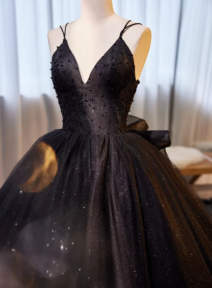 Dreamy A-Line Spaghetti Strap Black Tulle Evening Gowns Beading Sequins Prom Dress AP5695