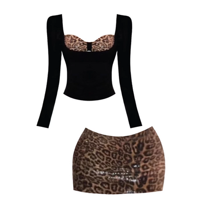 Sheen Black Long-Sleeve Sweetheart Neck Two-Piece Set Mini Skirt Charming Leopard Cutout Bust Sequin Leopard Bodycon Short Dress AP5697