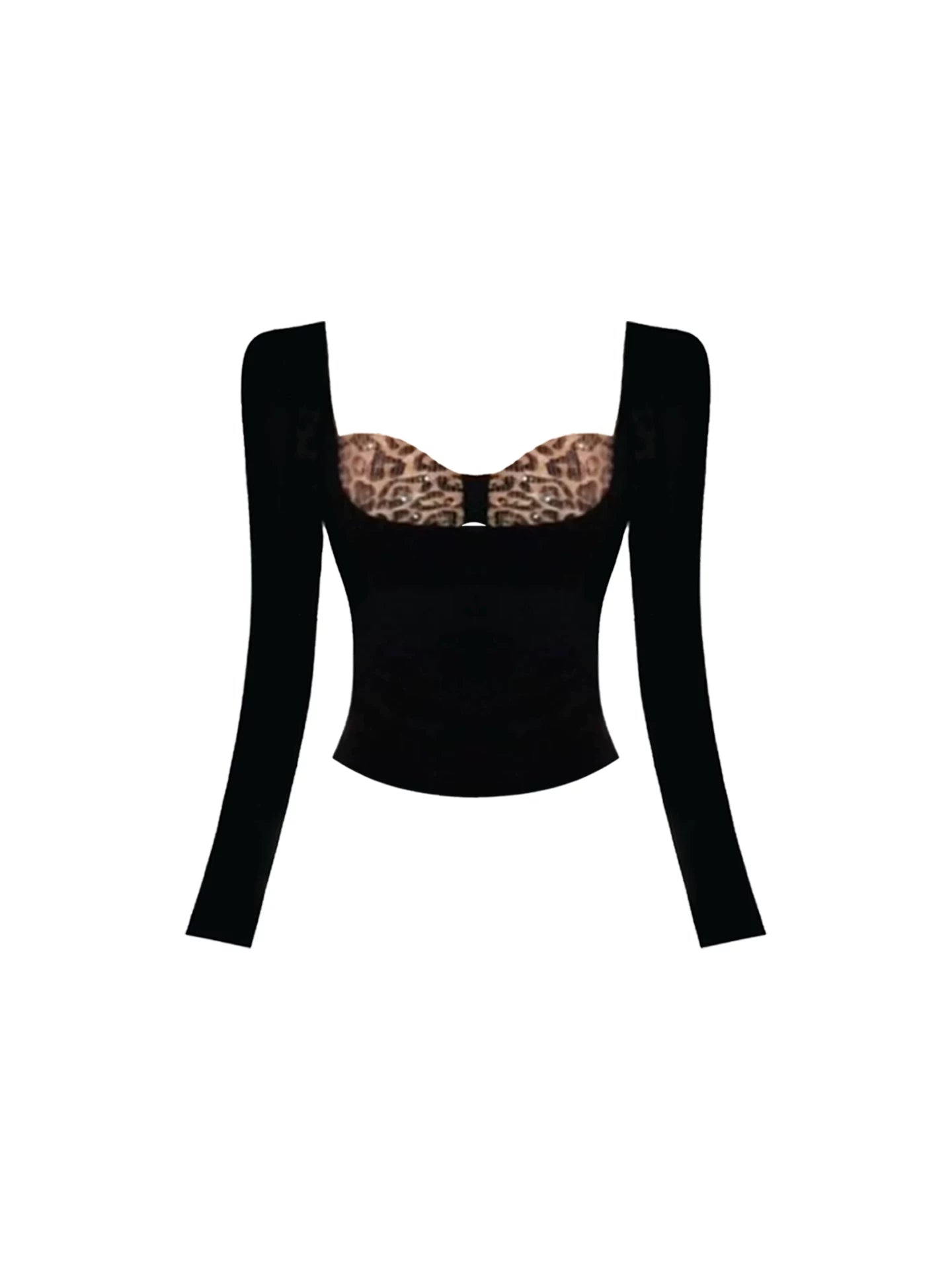 Sheen Black Long-Sleeve Sweetheart Neck Two-Piece Set Mini Skirt Charming Leopard Cutout Bust Sequin Leopard Bodycon Short Dress AP5697