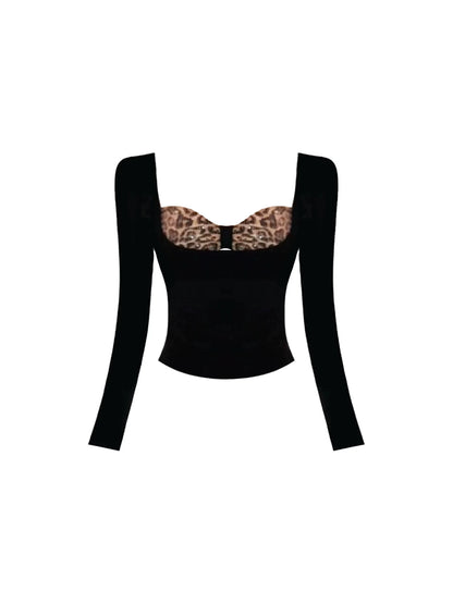 Sheen Black Long-Sleeve Sweetheart Neck Two-Piece Set Mini Skirt Charming Leopard Cutout Bust Sequin Leopard Bodycon Short Dress AP5697