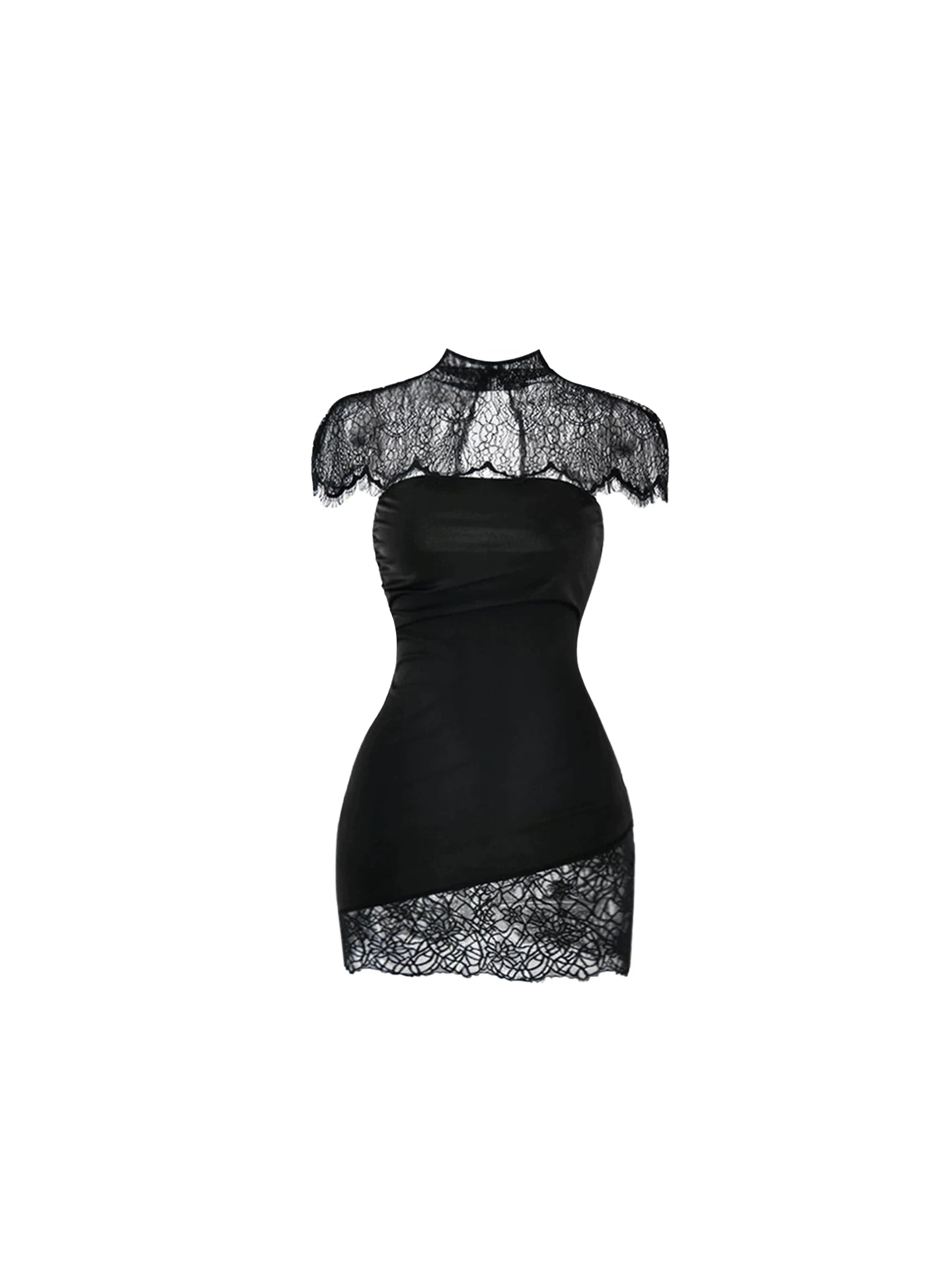 Alluring Irregular Lace Hem Black Strapless Mini Skirt Sexy High Neck Lace Capelet Bodycon Short Dress AP5698