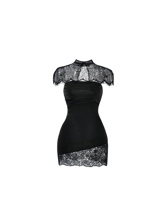 Alluring Irregular Lace Hem Black Strapless Mini Skirt Sexy High Neck Lace Capelet Bodycon Short Dress AP5698