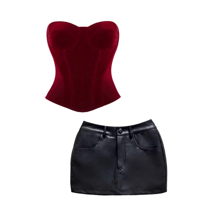 Dramatic Strapless Corset Top Mini Skirt Chic Burgundy Velvet Black Leather Two-Piece Bodycon Short Dress AP5702