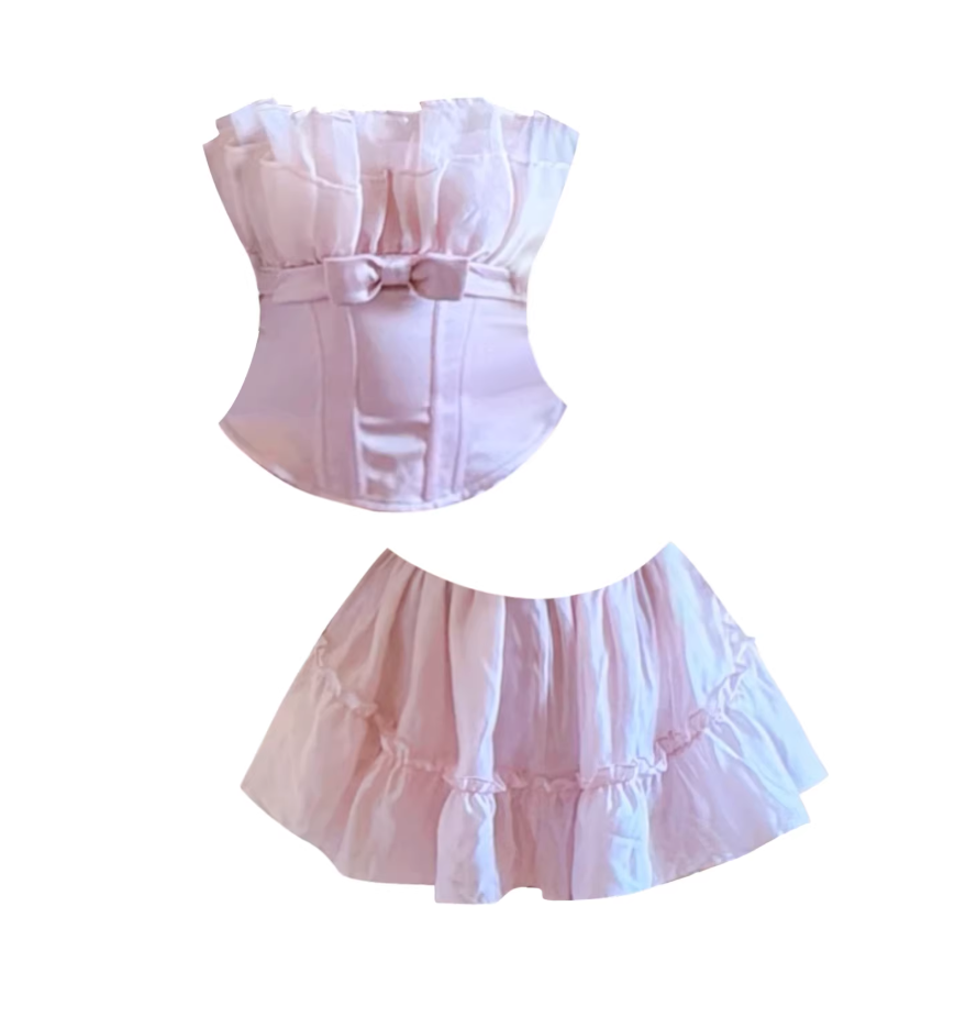 Stunning Bow Accent Corset Top A-Line Two-Piece Mini Skirt Light Pink Strapless Ruffled Tiered Fluffy Short Dress AP5703