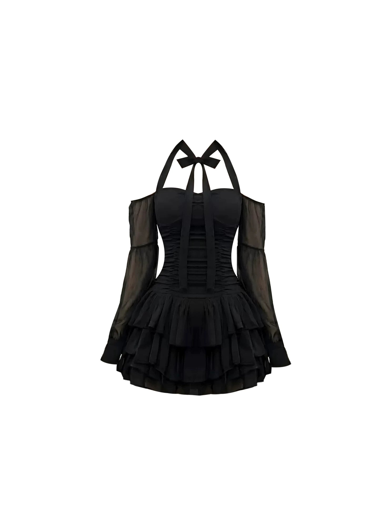 Novelty Black Halter Bow Sheer Long Sleeves A-Line Mini Skirt Sexy Cold-Shoulder Ruched Waist Tiered Fluffy Short Dress AP5704