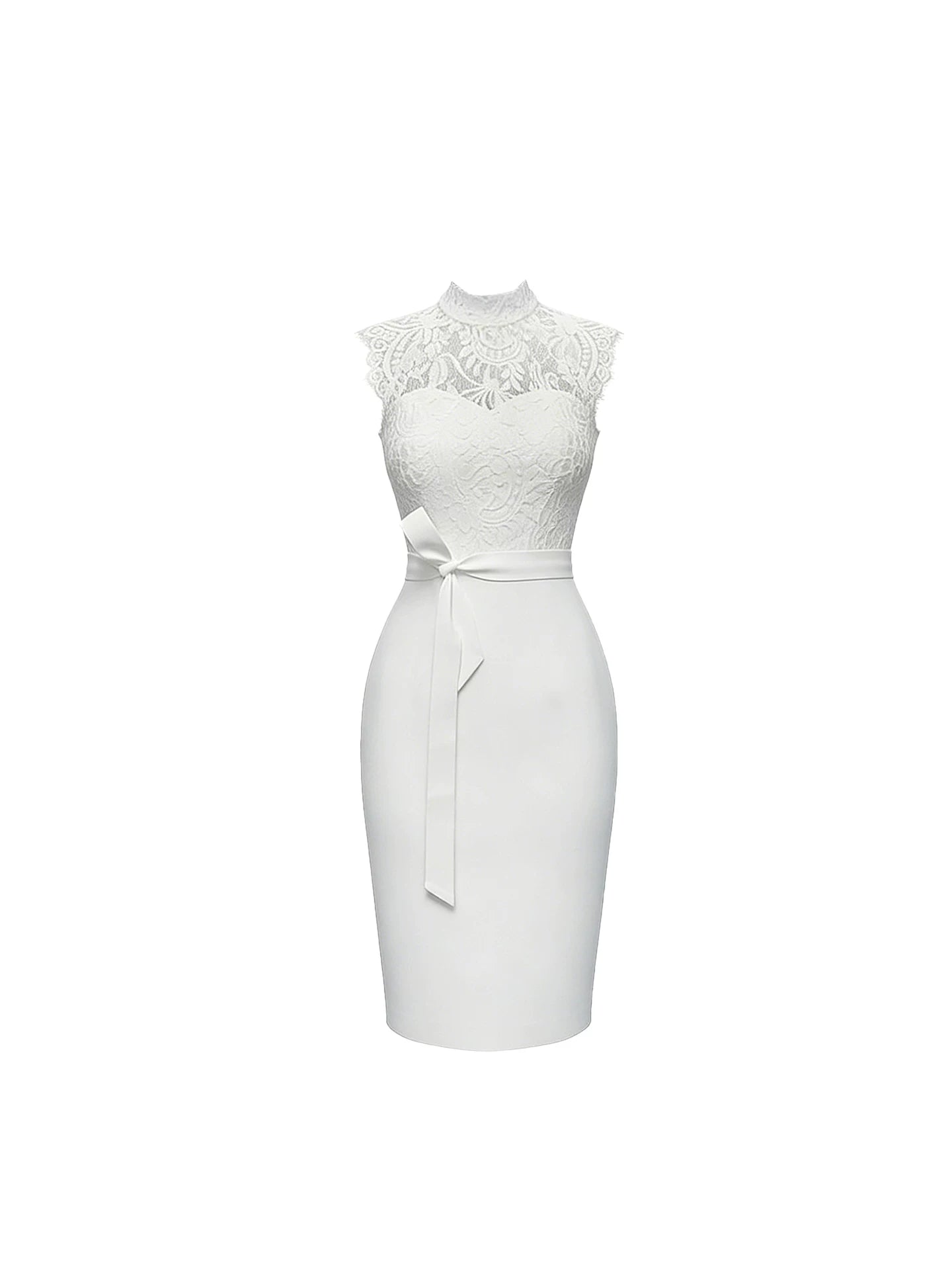 Unique White High-Neck Lace Sleeveless Midi Dress Romantic Heart Bust Lace Shoulder Panels Satin Bow Belt Long Dress AP5705