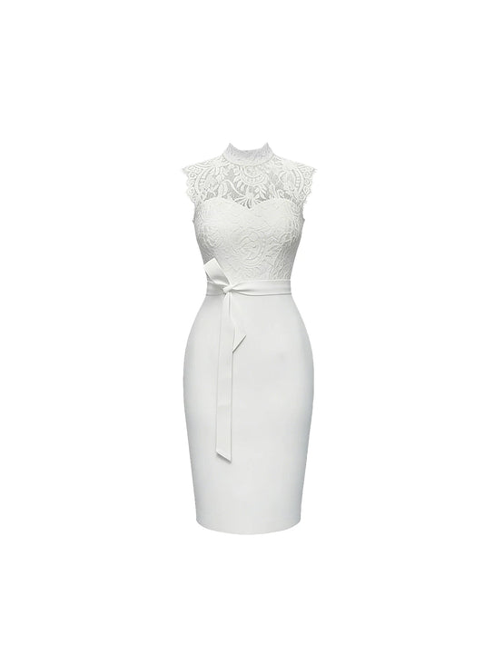 Unique White High-Neck Lace Sleeveless Midi Dress Romantic Heart Bust Lace Shoulder Panels Satin Bow Belt Long Dress AP5705