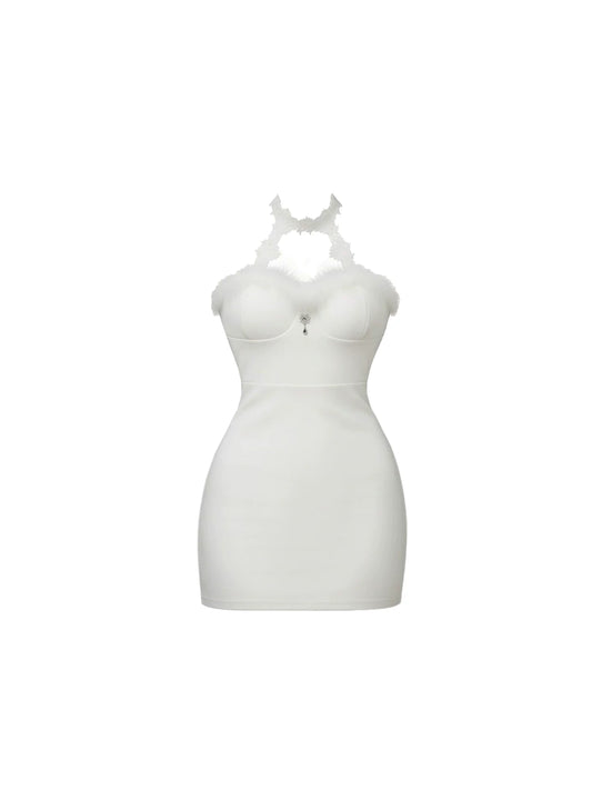 Vibrant White Halter Neck Mini Dress Dreamy Feather Trim Heart Bust Crystal Button Bodycon Short Dress AP5706