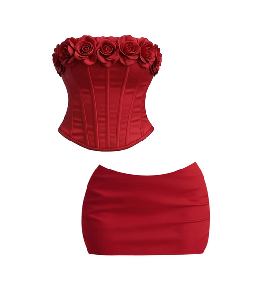 Fashionable Burgundy Strapless Two-Piece Fitted Mini Skirt Vibrant  3D Rose Trim Corset Top Bodycon Short Dress AP5707